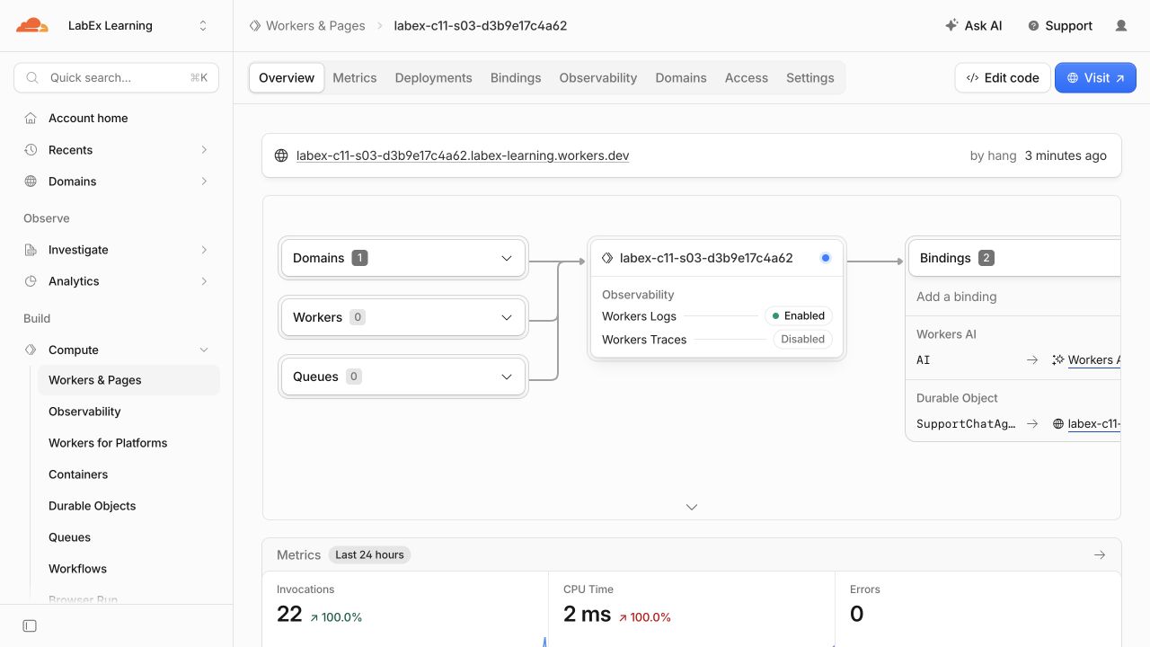 Развёрнутый Worker с привязками AI и SupportChatAgent