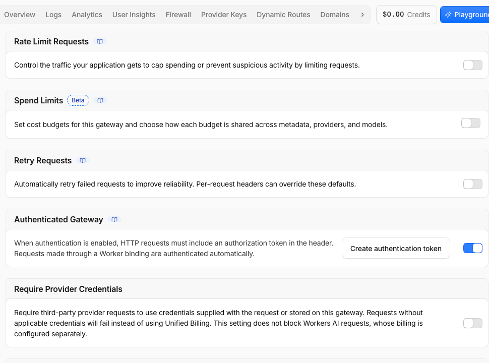 Die Ansicht „Gateway Settings“ mit Authentifizierung, Protokollen und Standardabrechnung