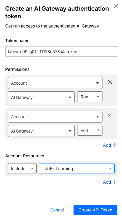 Das Formular für Tokenberechtigungen, begrenzt auf AI Gateway Run und Edit