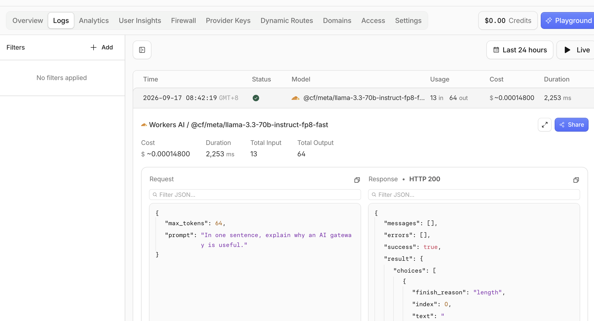 Der fokussierte Detailbereich des Anfrageprotokolls mit Modell, Status, Latenz und Tokenverbrauch