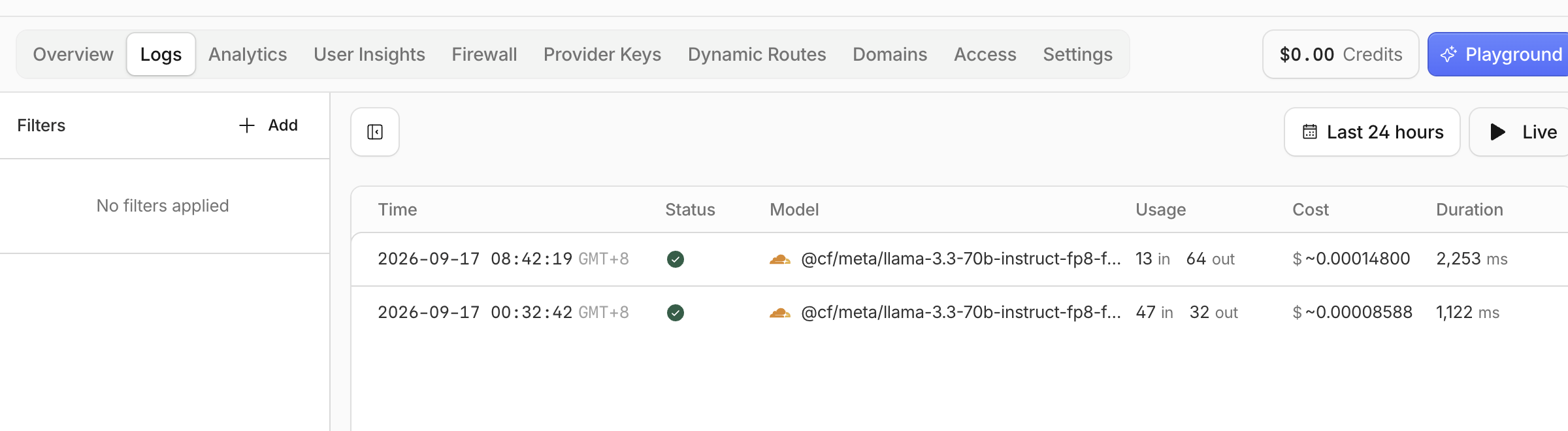 Die Gateway-Tabelle „Logs“ mit hervorgehobener erfolgreicher Workers-AI-Anfrage