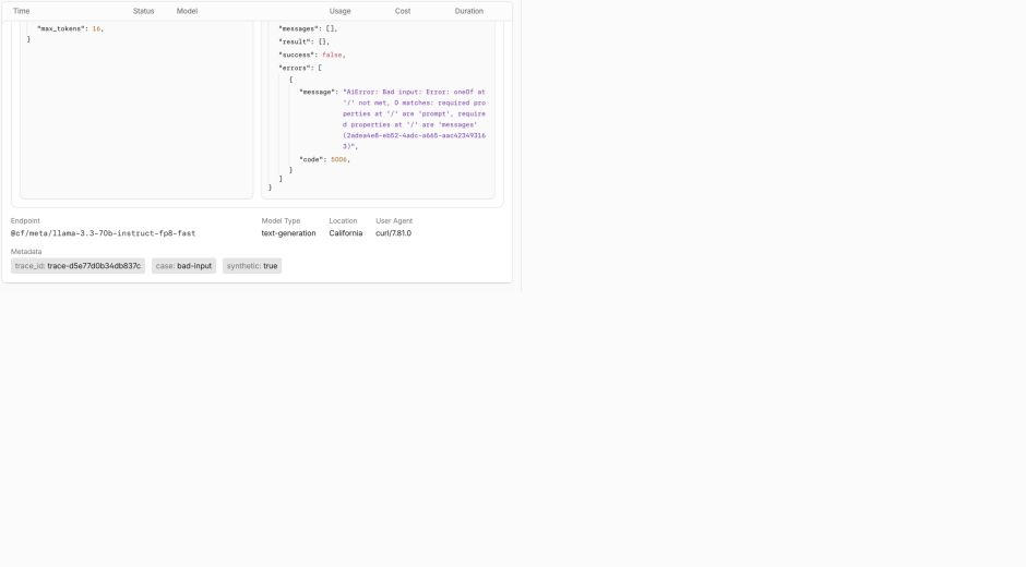 Details des fehlgeschlagenen Protokolls mit Status, Dauer und synthetischen Trace-Metadaten