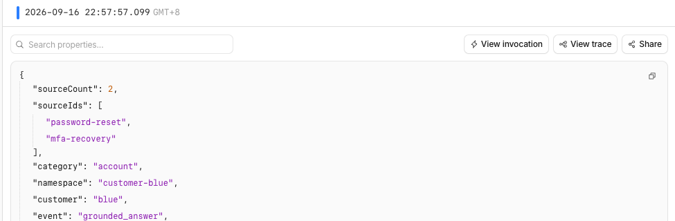 grounded_answer ログには、制御フローの理解に必要な承認済みソース ID とスコープだけが記録されます