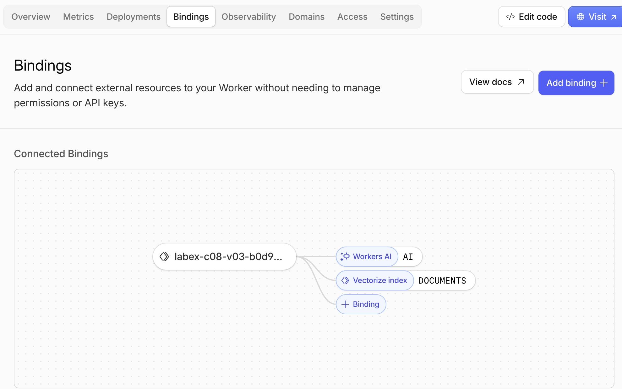 Worker Bindings ビューで、AI が Workers AI に、DOCUMENTS が Vectorize インデックスに接続されています