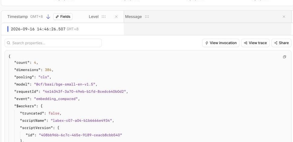 Ein erweitertes Embedding-Log enthält Felder für Anzahl, Dimensionen, Pooling und Modell