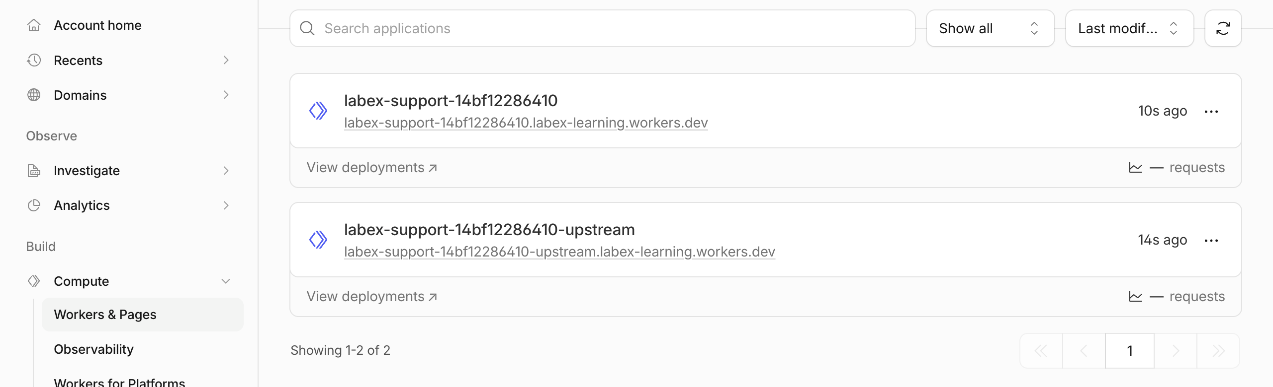 Workers and Pages showing the support API and its matching upstream Worker