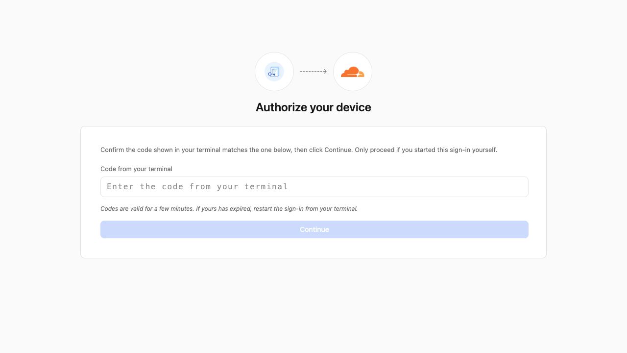 Cloudflare device authorization form with an empty code field