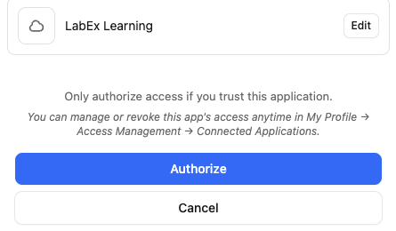 Selected LabEx Learning account with Edit and Authorize controls