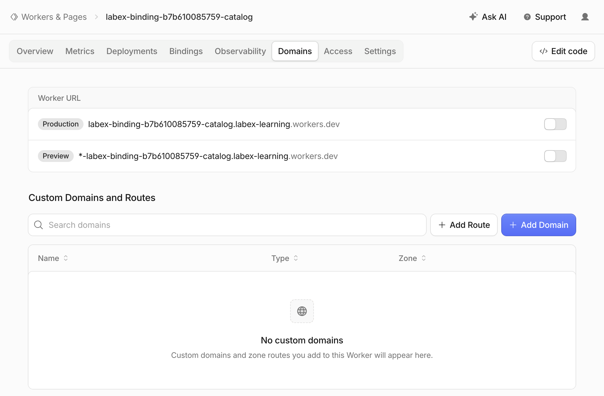 Internal catalog Worker with production and preview URLs disabled and no custom domains or routes