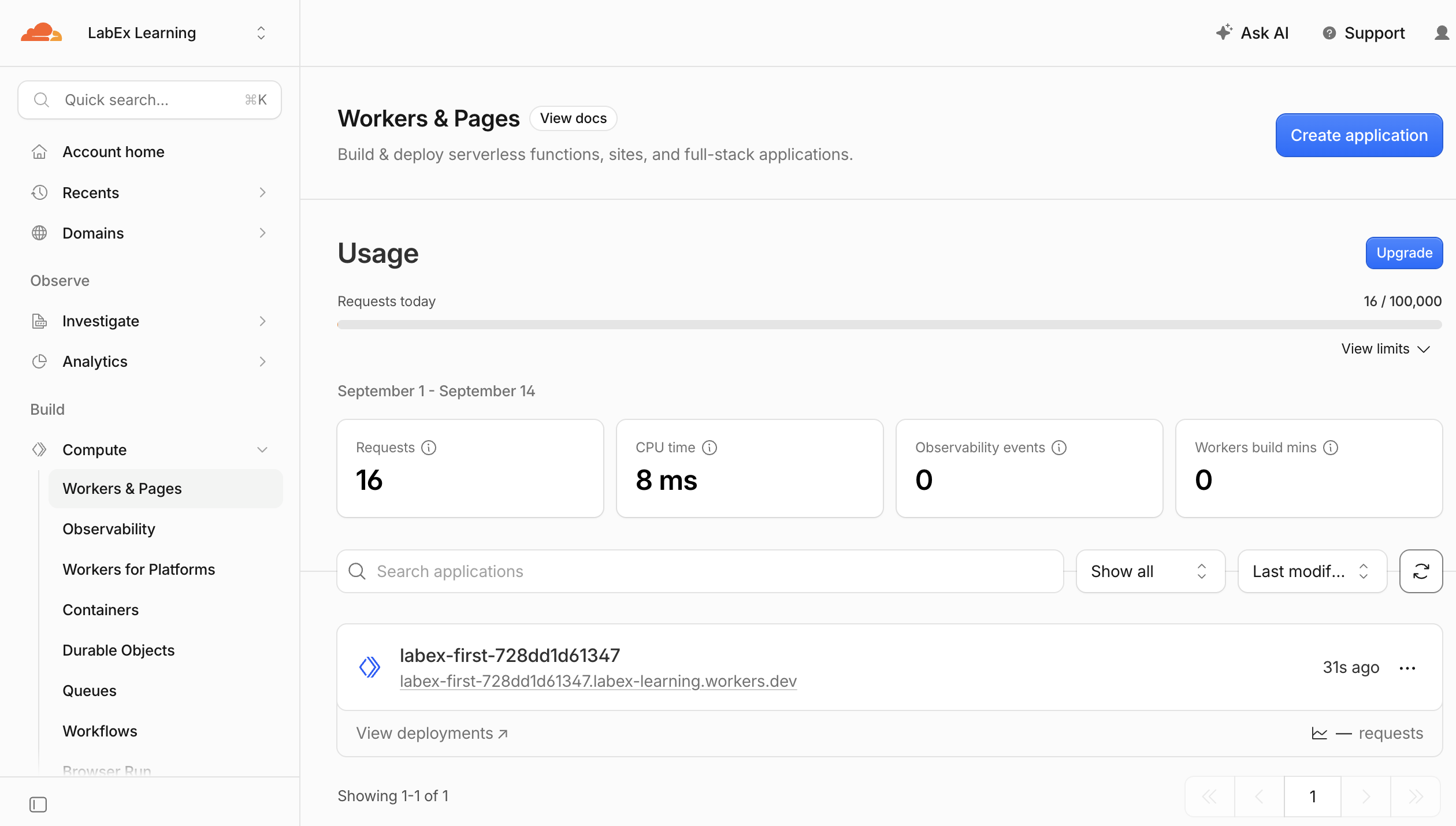 A deployed lab Worker appears in the Workers and Pages application list