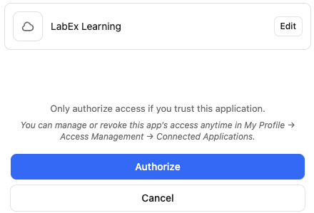 Learning account selected above the Authorize button