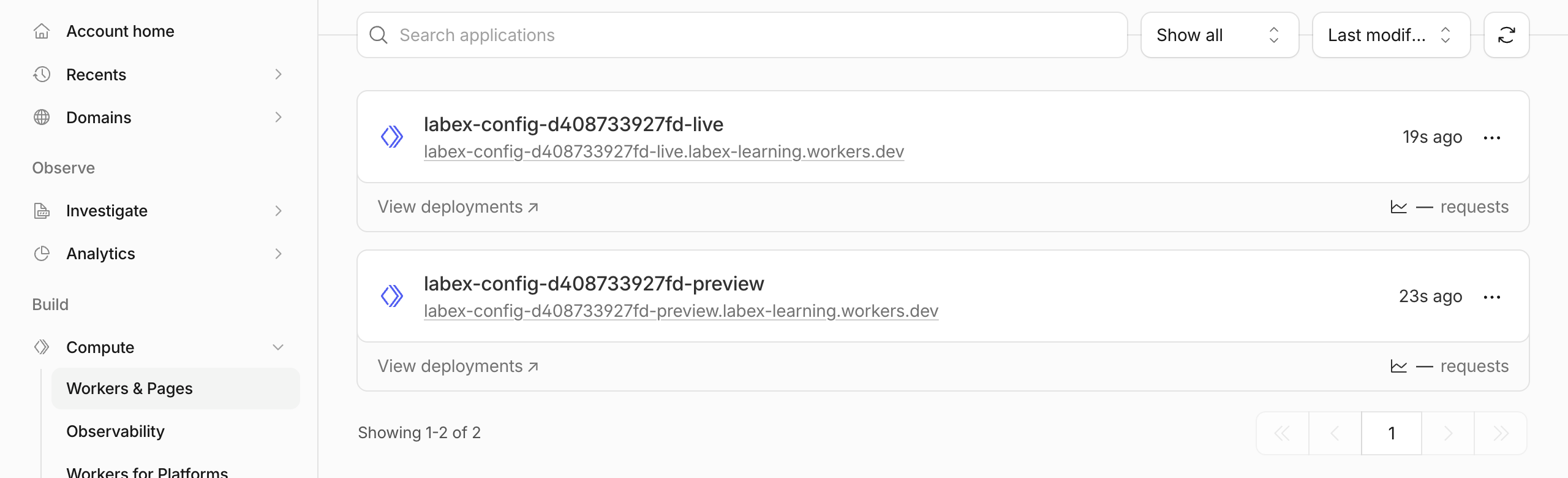 Separate preview and live Workers listed in Workers and Pages