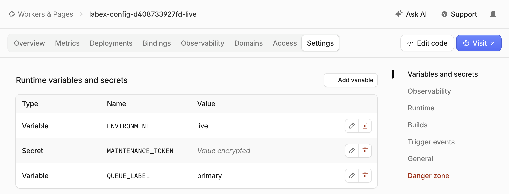 Live environment showing primary variables and its own encrypted maintenance secret