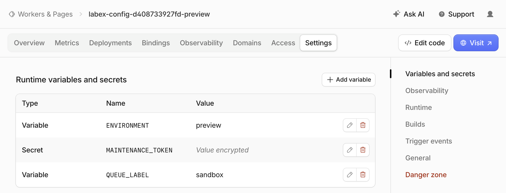 Preview environment showing sandbox variables and an encrypted maintenance secret