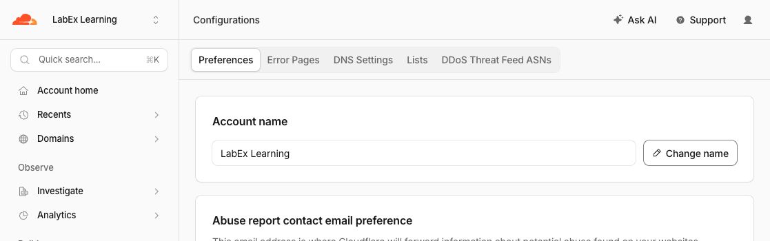 Configurations showing the LabEx Learning account name and Change name button