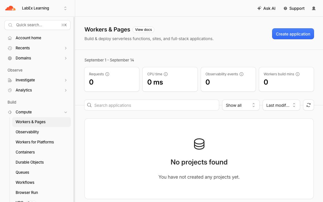 Workers and Pages showing LabEx Learning and No projects found