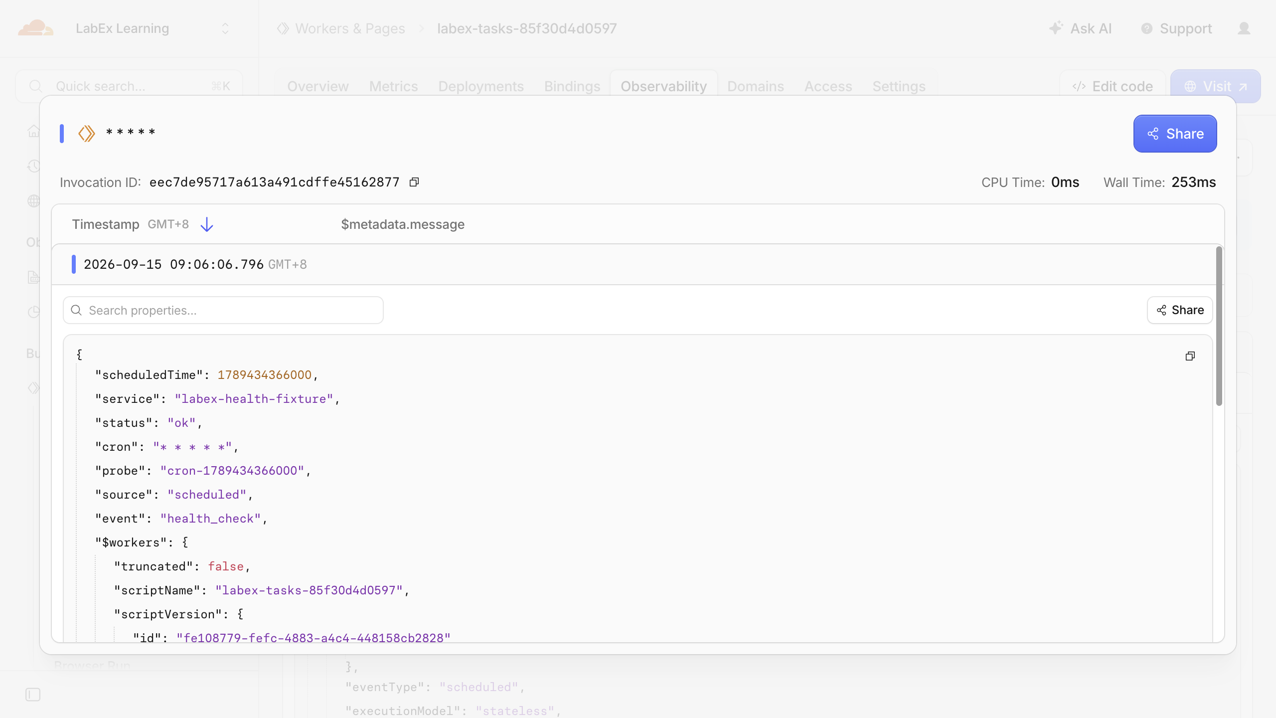 Real Cron invocation with scheduled health-check result in Dashboard