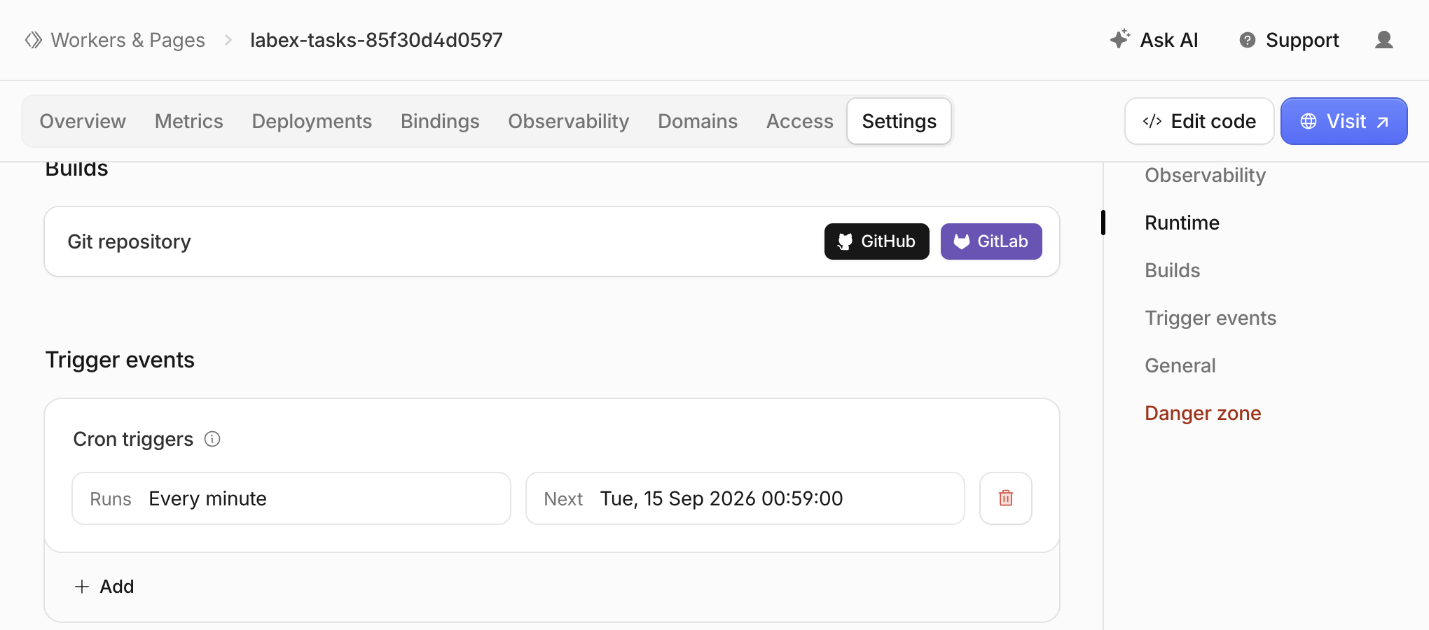 Cron trigger configured to run every minute in Worker Settings