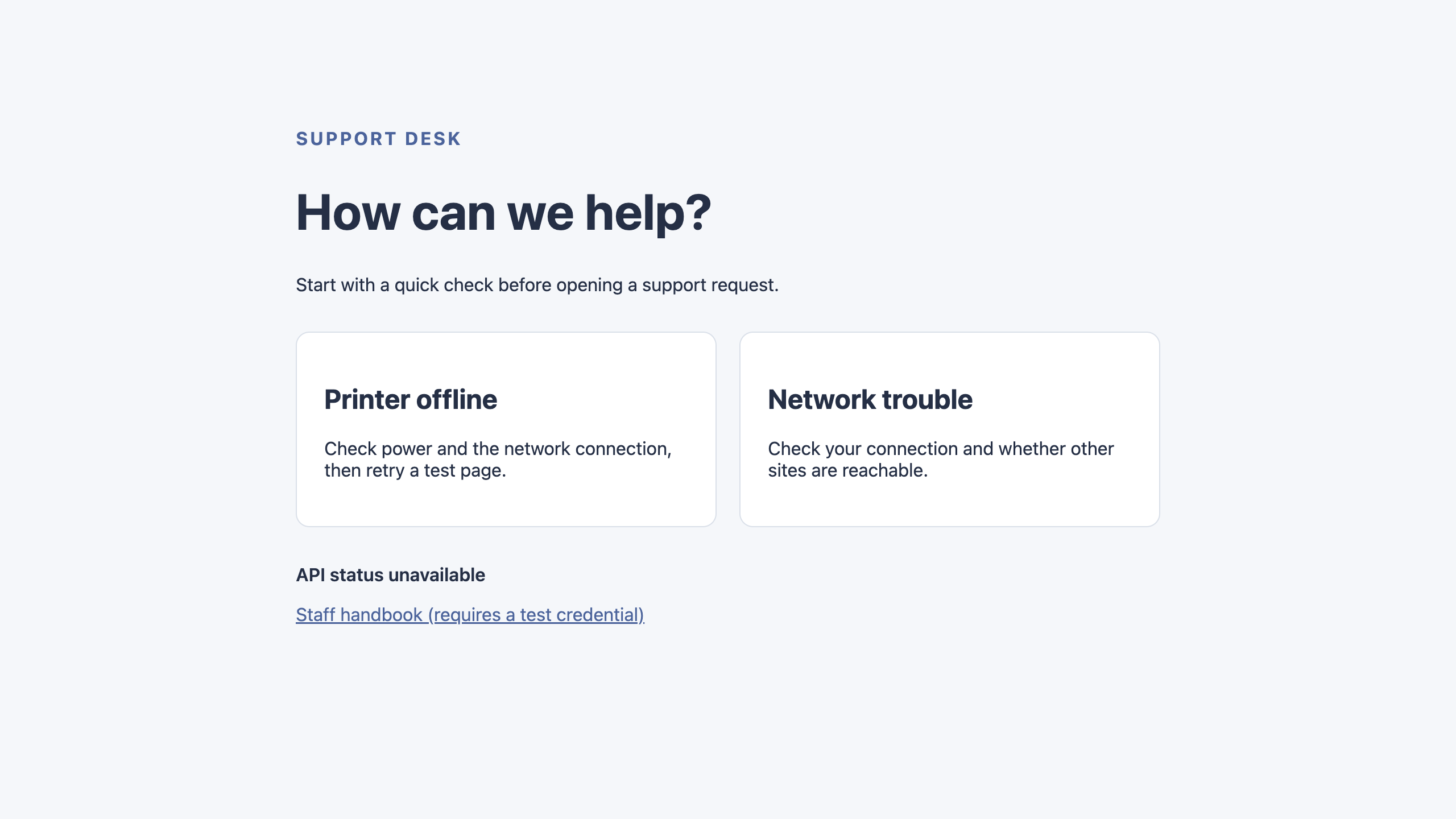 Help center before the routing repair, with API status unavailable