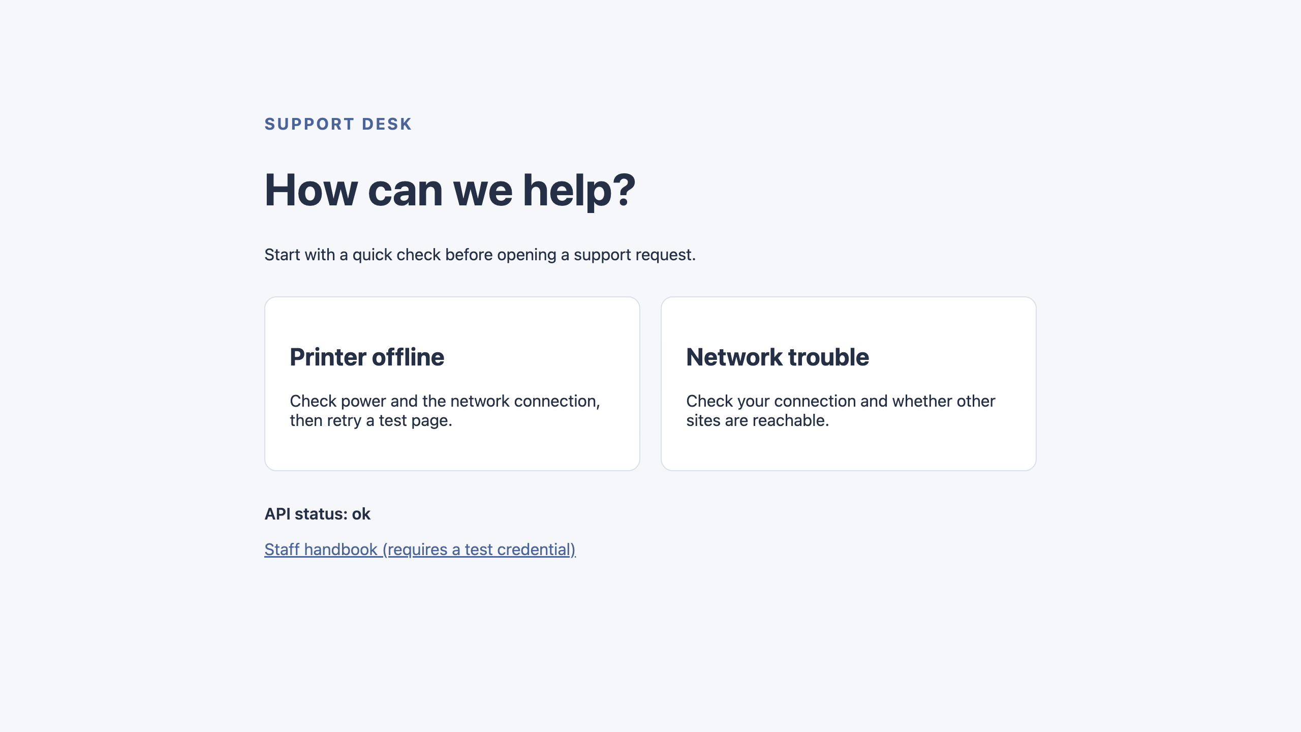 Help center after the routing repair, with API status ok