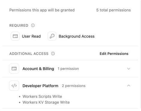 Wrangler consent lists Workers Scripts Write and Workers KV Storage Write