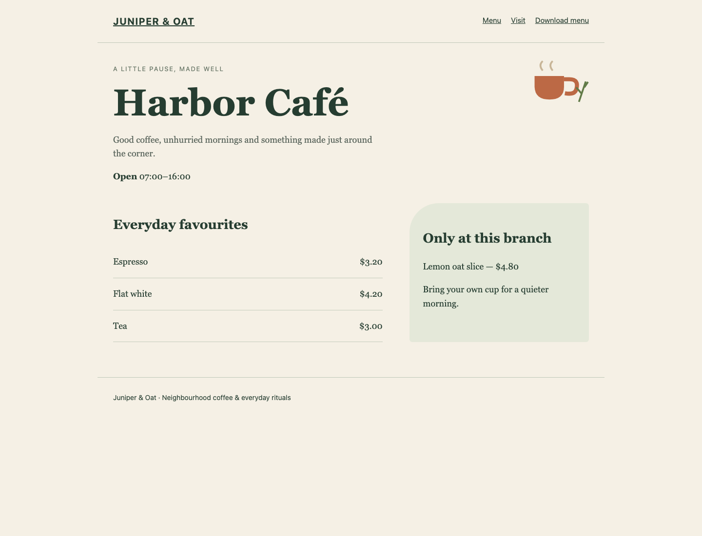Harbor Café 的共享价格正确,同时保留自己的营业时间和本地特色。