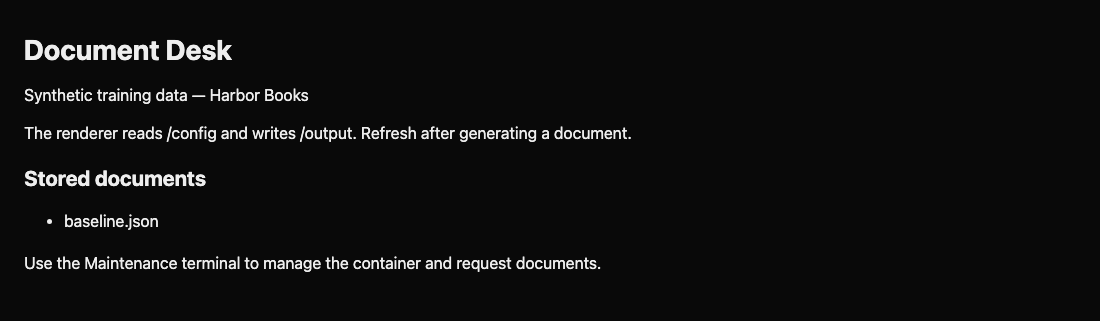 Document Desk listing the real baseline report produced by the renderer