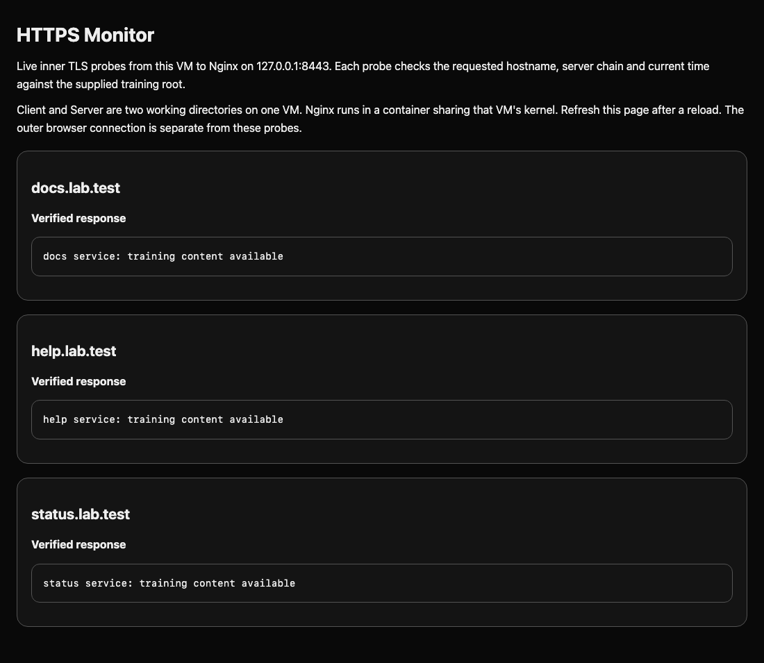 HTTPS Monitor showing all three services pass verified TLS requests