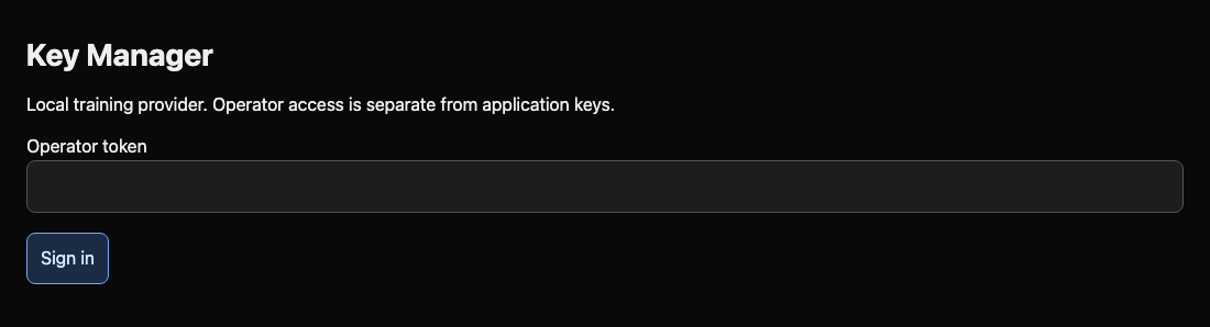 Key Manager operator sign-in, separate from application API credentials