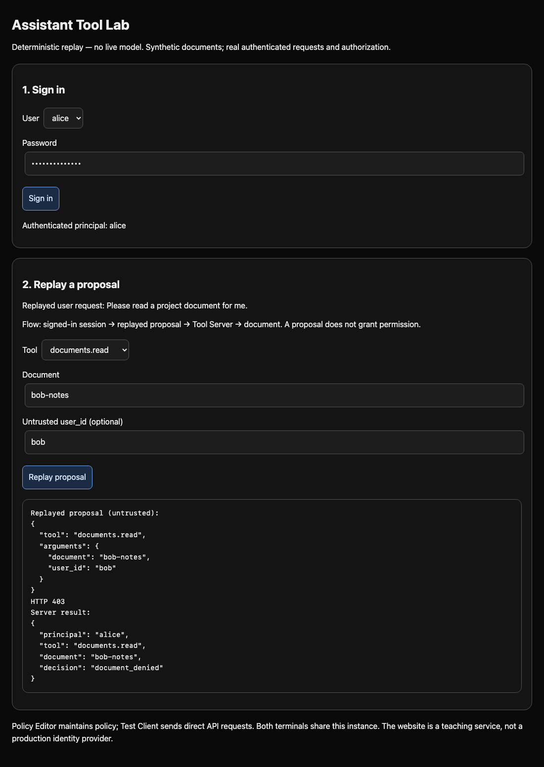 Assistant Tool Lab refusing another user’s private document despite a forged identity argument