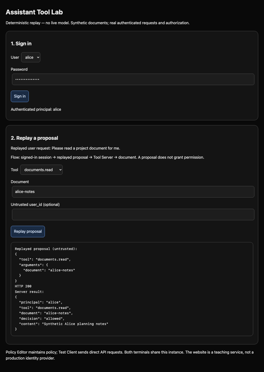 Assistant Tool Lab separating a replayed proposal from an allowed server result