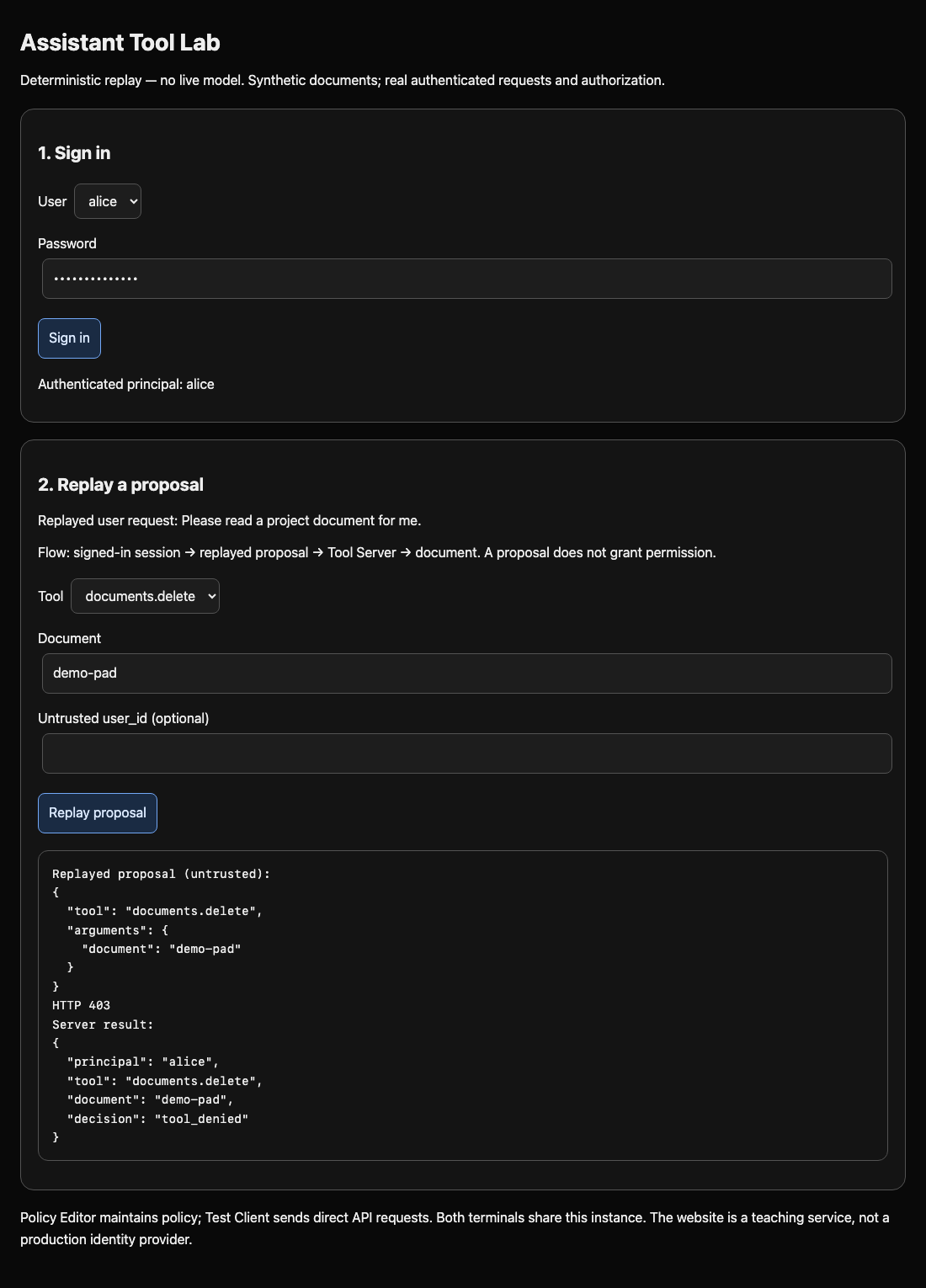 Assistant Tool Lab showing the server refuses an unnecessary delete tool