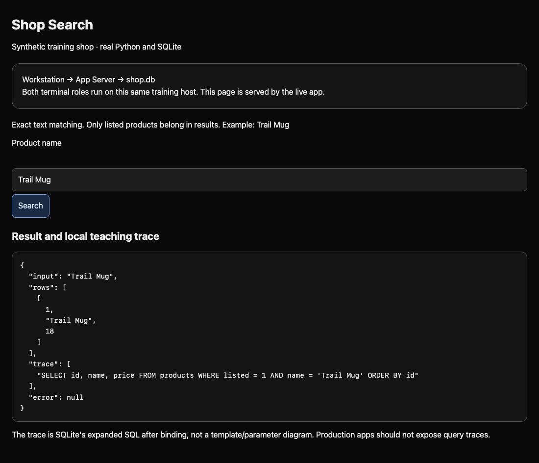 Shop Web showing a normal product result and its SQL teaching trace