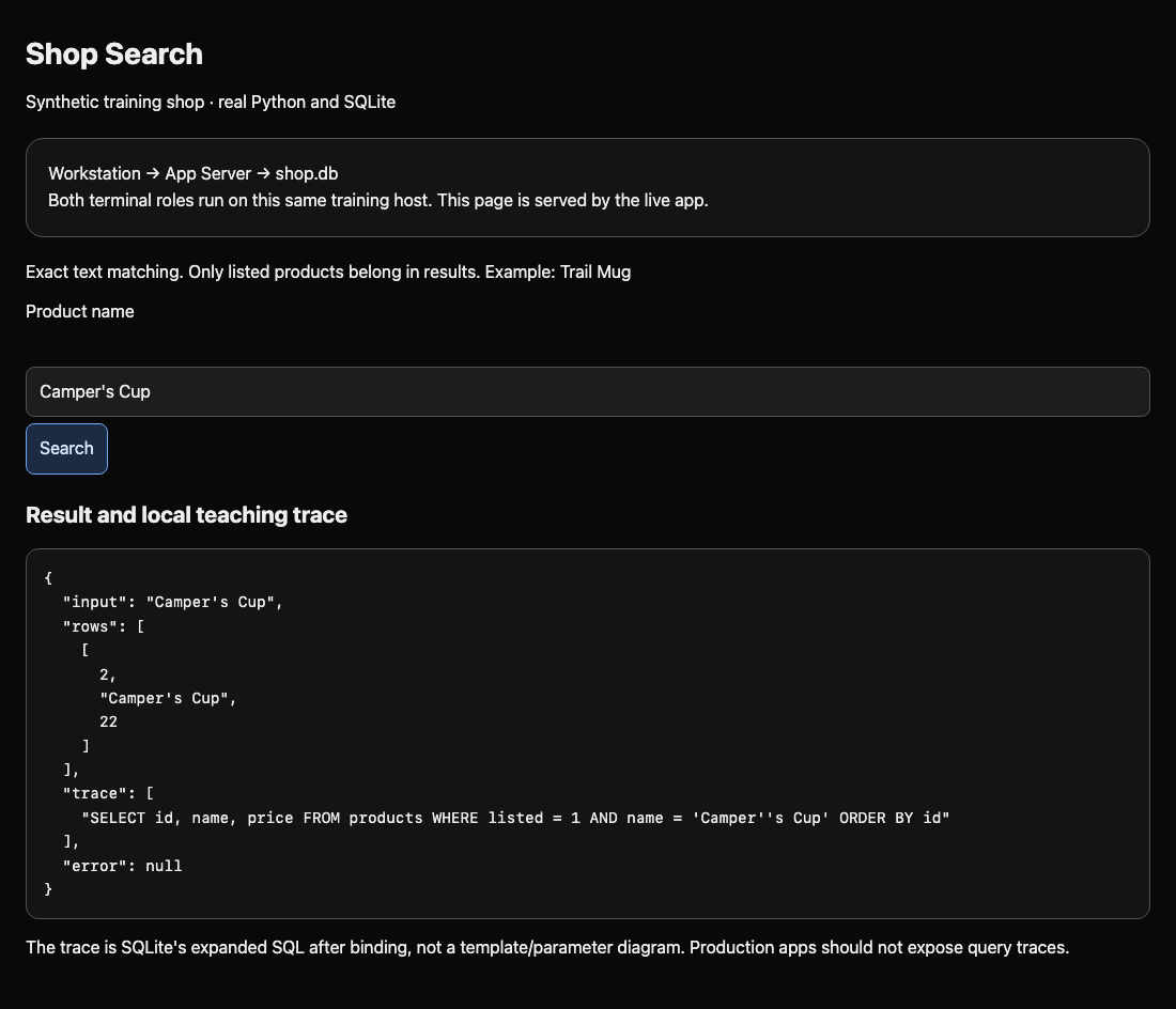 Shop Web showing the repaired query treats input as data