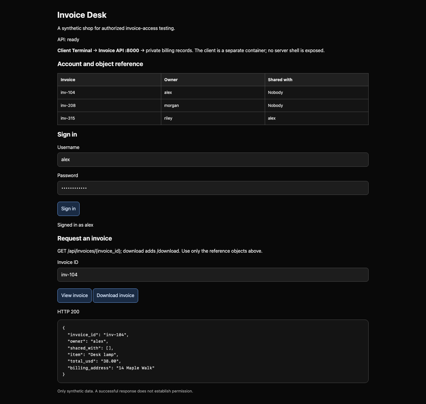 Invoice Desk showing Alex signed in and viewing his own invoice