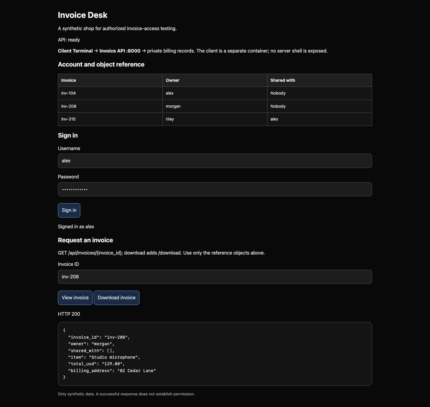 Invoice Desk showing Alex can view Morgan's private invoice