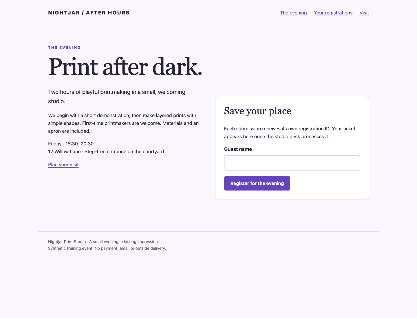 The Nightjar workshop registration form