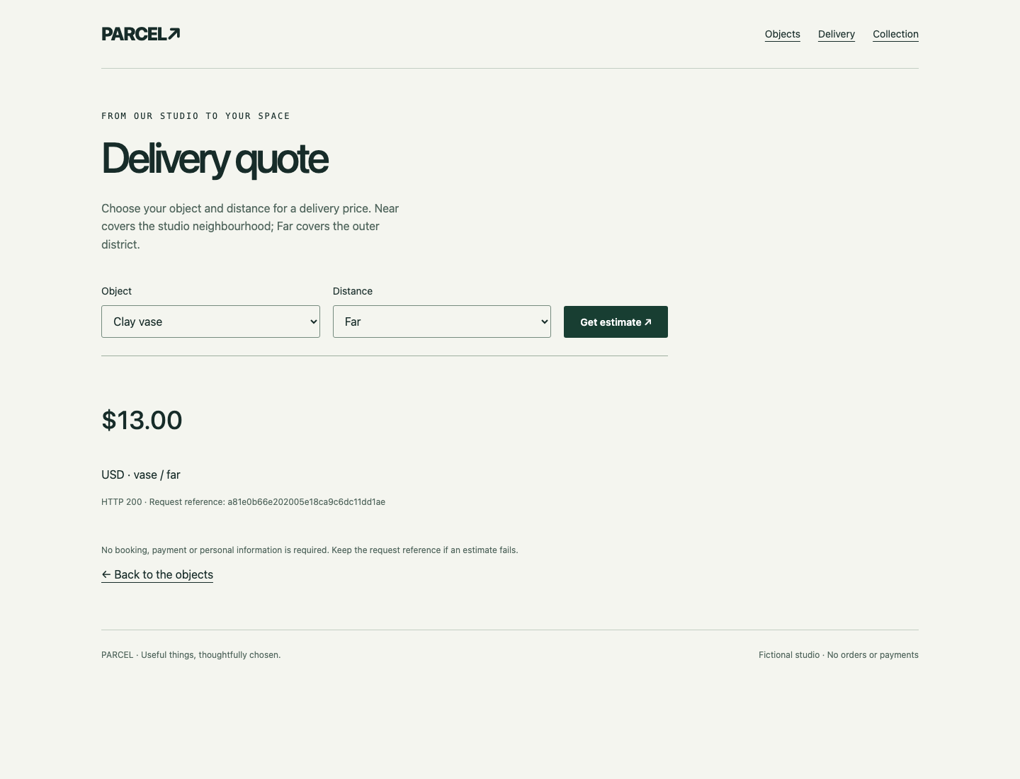 A restored delivery estimate with its own request reference