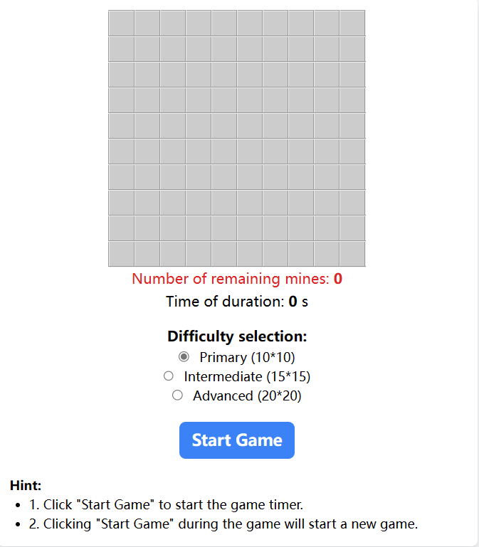 Visualización de la cuadrícula del juego del Minesweeper