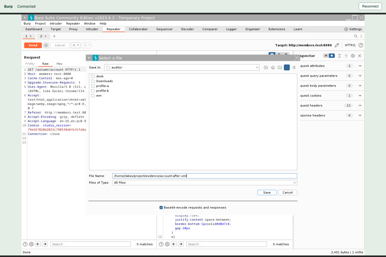Save item 对话框中的账户证据绝对路径及已勾选的 Base64 选项