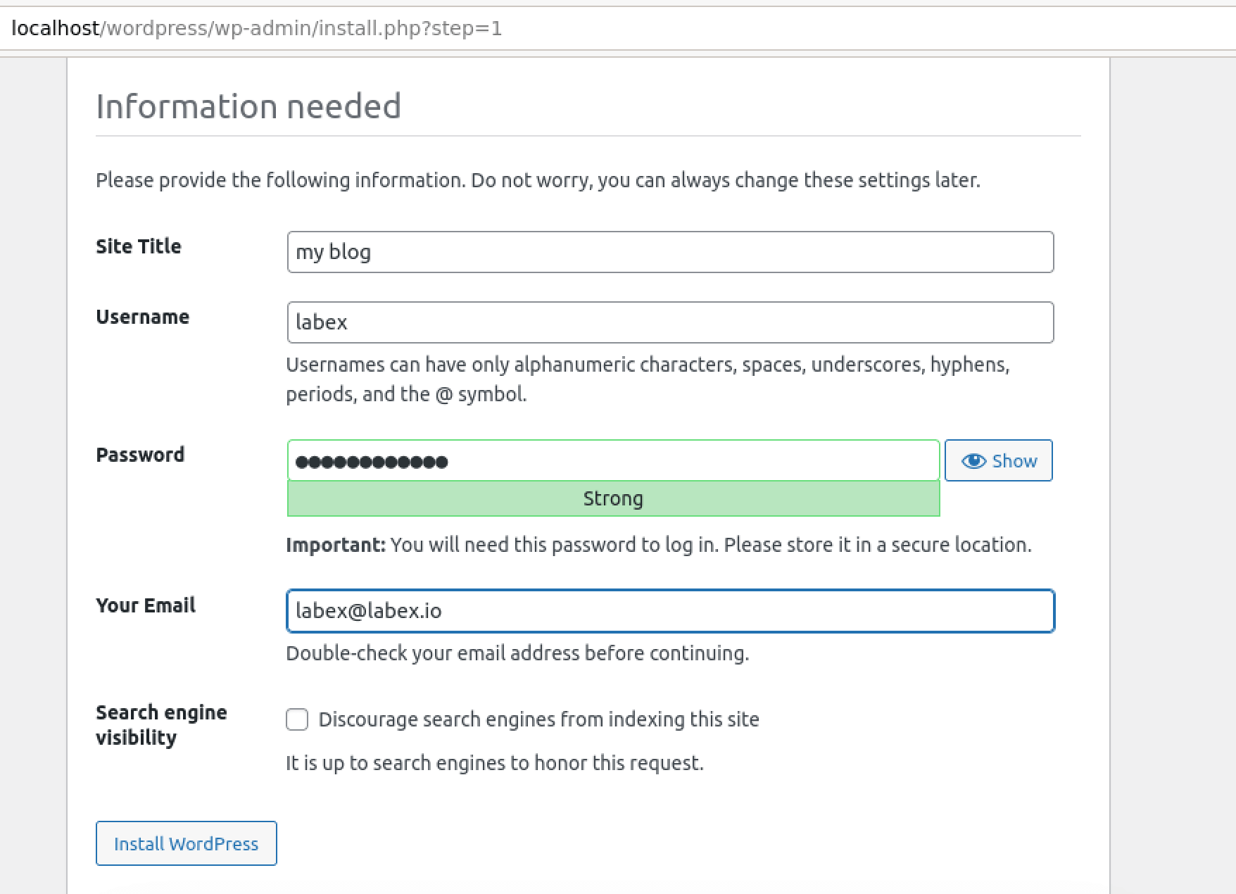 WordPress 설정 완료 화면
