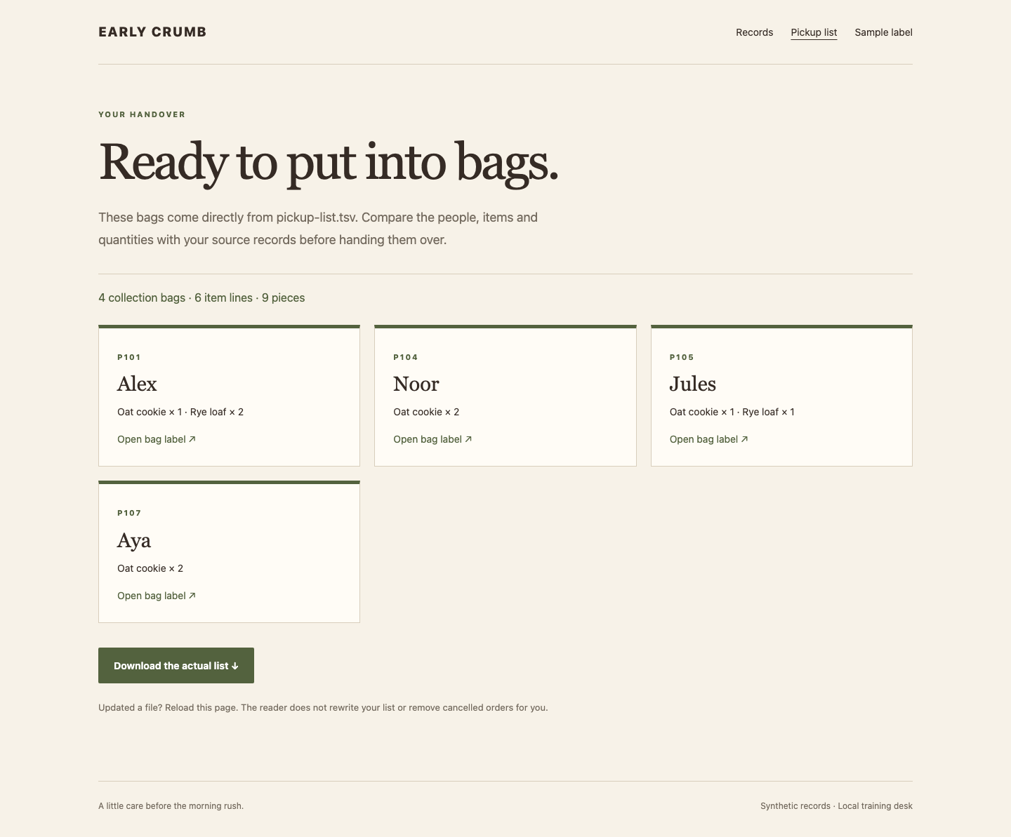 The actual revised handover includes Aya without duplicating earlier bags