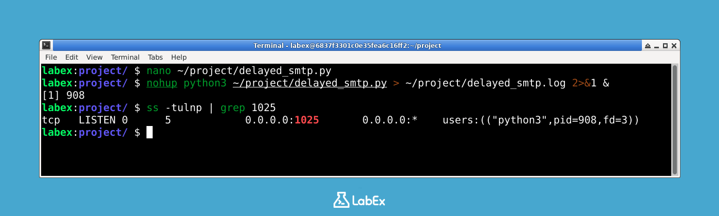 Delayed SMTP server running on port 1025