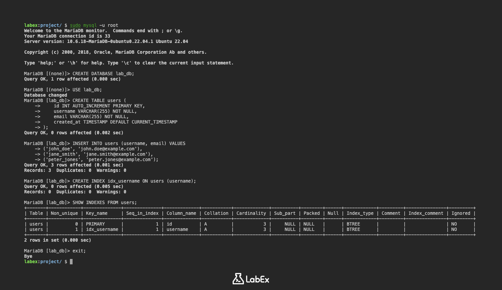 MySQL index creation example