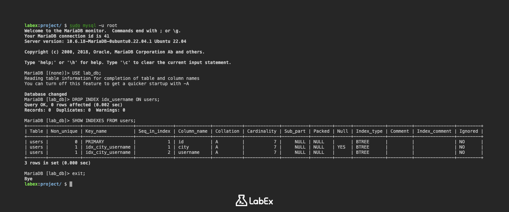 MySQL users table index removal example