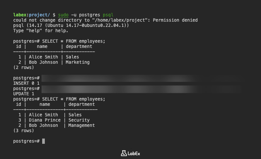직원 테이블 조회 결과 예시