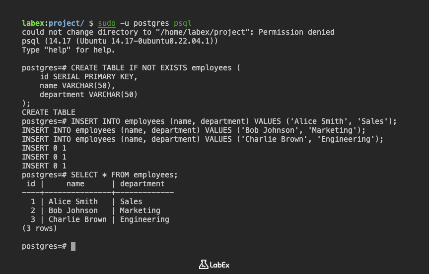 Output after inserting data in table