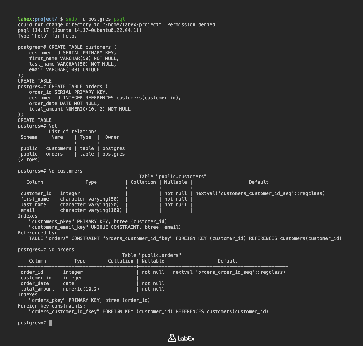 Illustration of creating tables with FK