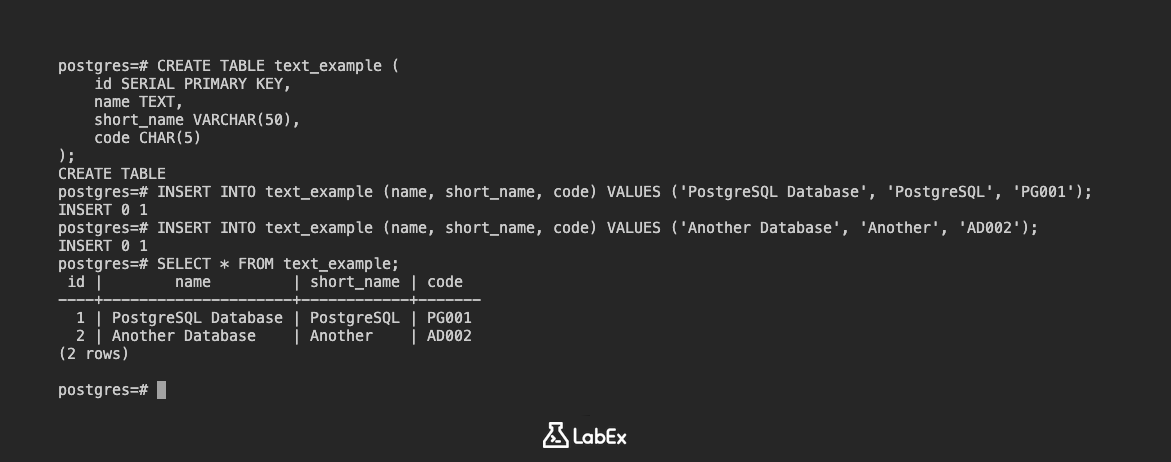 Output of text_example table data
