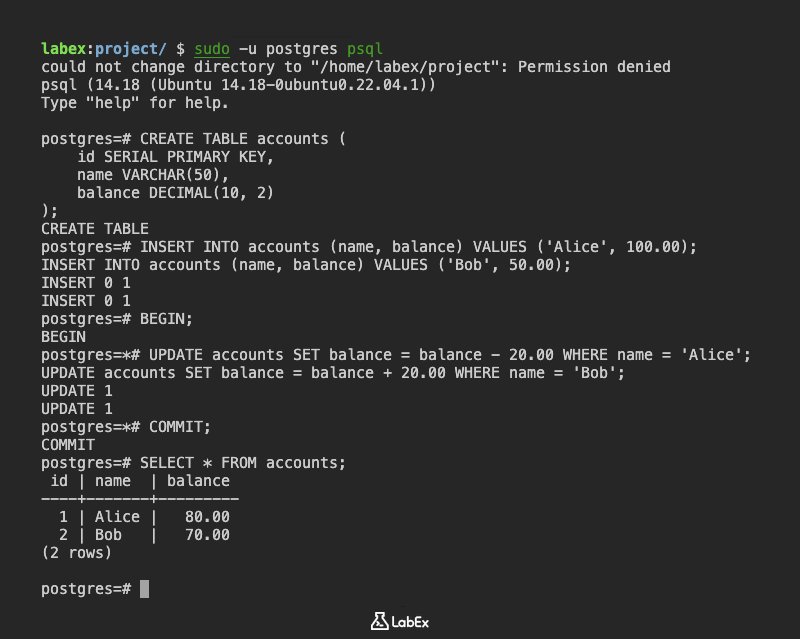 PostgreSQL 事务示例输出